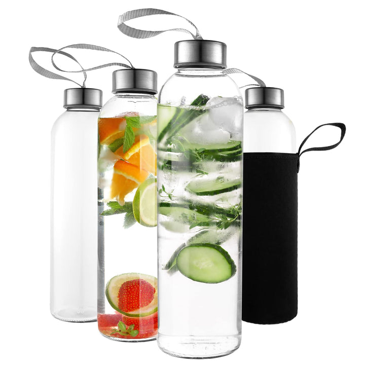 Kitchen Lux 473.6 g Glas-Wasserflaschen, wiederverwendbare Wasserflaschen mit luftdichtem, Edelstahl