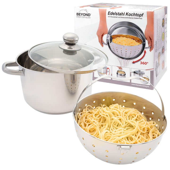 Beyond Nudeltopf 24 cm, Edelstahl Kochtopf mit Glasdeckel und herausnehmbarem Siebeinsatz, Pastatopf