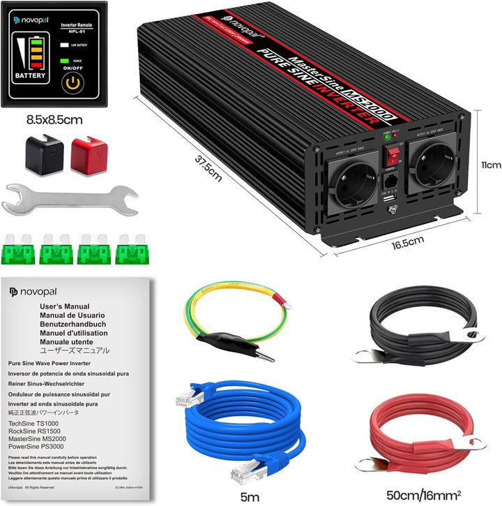 novopal 2000W KFZ Reiner Sinus Spannungswandler-Auto Wechselrichter 24v auf 230v Umwandler-Inverter