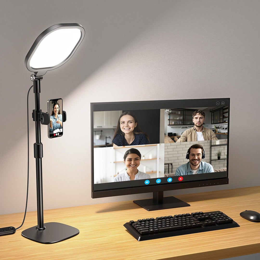 Ringlicht mit Stativ, Ring Licht für Laptop mit Handy Stativ 3 Lichtfarben 10 Helligkeiten Tisch Sel