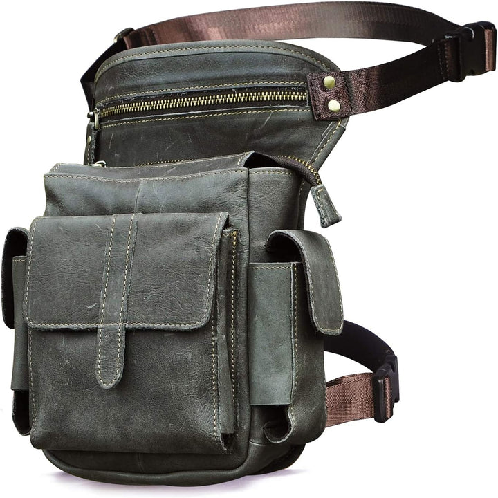 Le'aokuu Herren Echtes Leder Hüfttasche Gürteltasche Bauchtasche Reissverschluss Motorrad Messenger