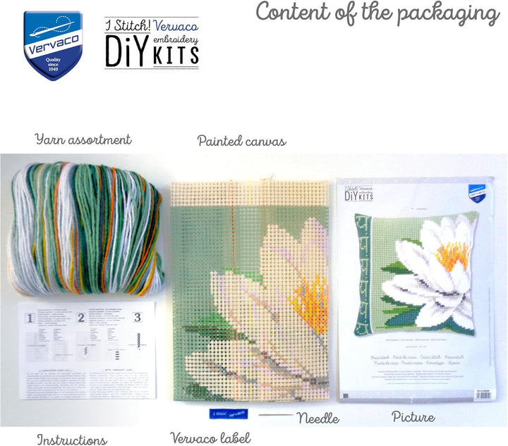 Vervaco Kreuzstichkissen weisse Lotus Blume Kreuzstickpackung vorgedruckt, Stramin, 40 x 40 x 0,3 cm