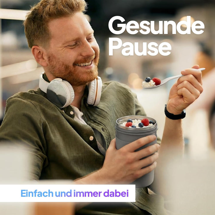 Müslibecher, auslaufsicherer Joghurtbecher to go mit Löffel, für Müsli, Joghurt, Frühstücksbecher au