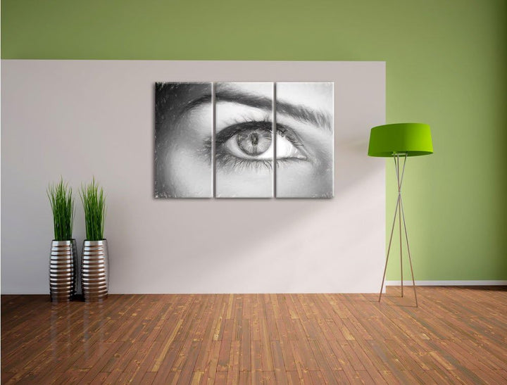 Pixxprint Auge Einer Frau Kohle Effekt 3-Teiler Leinwandbild 120x80 Bild auf Leinwand