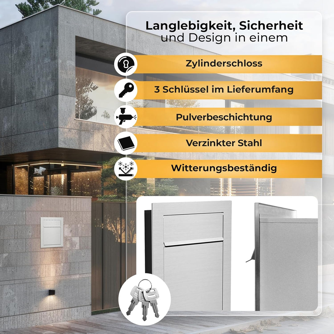 Unterputz Briefkasten Edelstahl INOX Einbaubriefkasten flächenbündig wetterfest Wandmontage mit Schl