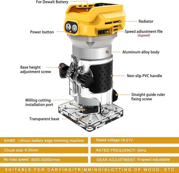 WingFly Akku Kantenfräser für Dewalt 18V,20v Batterien, Oberfräse Bürstenloser Tragbarer Handfräser