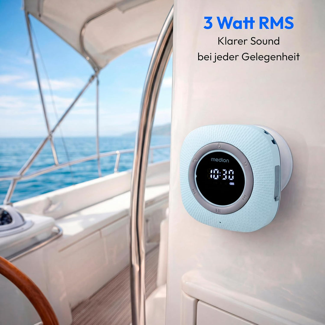 MEDION P66096 Duschradio mit Bluetooth (Badradio, UKW Radio, Saugnapf, LED-Display, IPX6 Wasserdicht