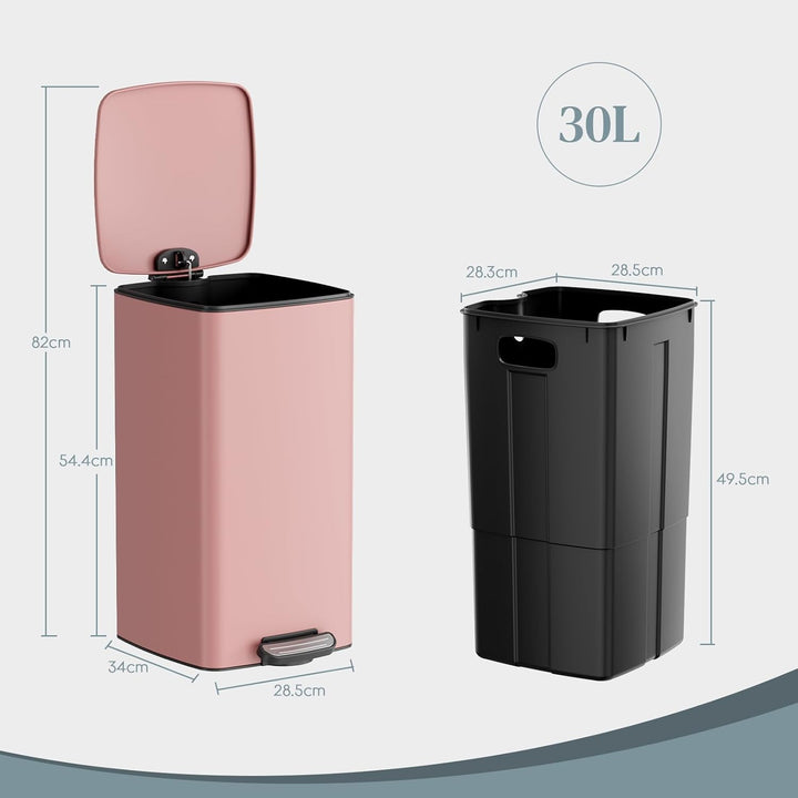 LIFERUN Mülleimer 30L aus Stahl, rechteckiger Abfalleimer mit Soft-Close-Deckel, Pedal und Inneneime