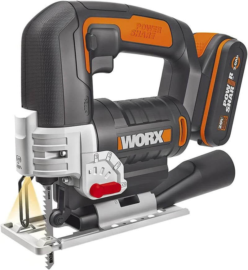 WORX WX543 Akku-Pendelhub-Stichsäge 20V Profi Stichsäge mit Absaug-Adapter Ideal auch für Gehrungssc