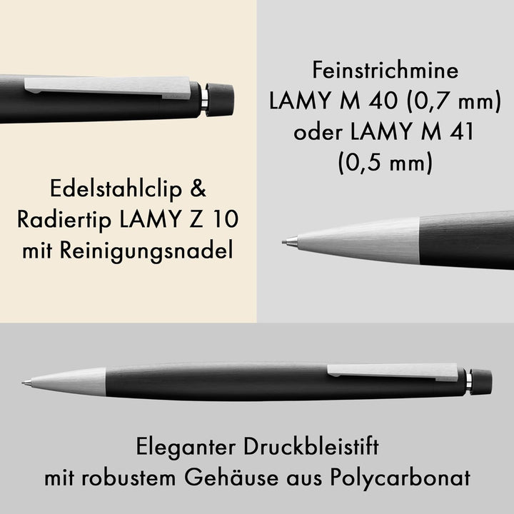 LAMY 2000 Druckbleistift 101 – Bleistift in der Farbe Schwarz, matt mit Radiertip – 0,5mm Feinstrich