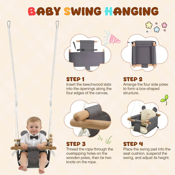 Babyschaukel aus Holz Kinder Schaukel Indoor mit Sicherheitsgurt Sicherheitsschnalle und Kissen, Kin