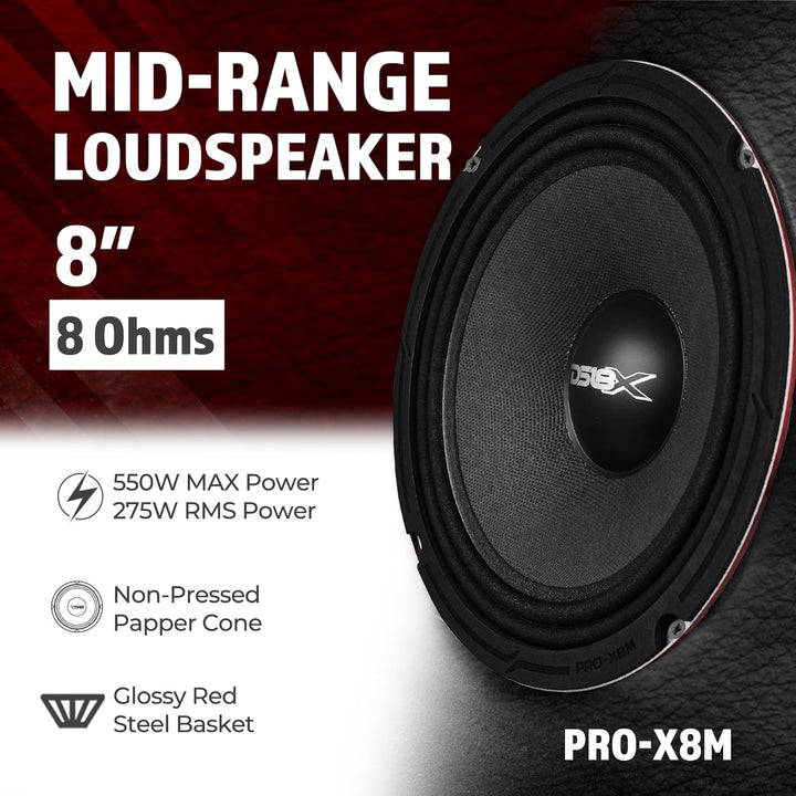 DS18 PRO-X8M Auto-Mitteltöner-Lautsprecher, 20,3 cm (8 Zoll), 550 W, 8 Ohm, Bass-Lautsprecher 20,3 c