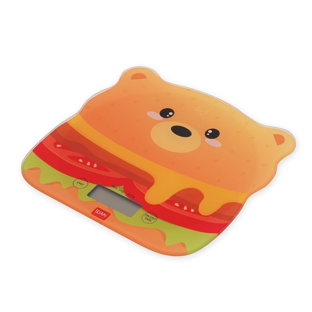 Legami - Digitale Küchenwaage, Kitchen Scale, Hamburger, 7 Masseinheiten, Touch-Tasten ON/TARE und U