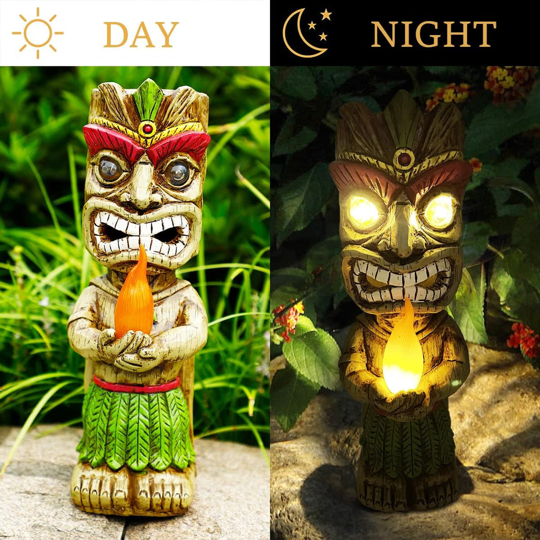 Solar Tiki Fackel Gartenstatue, Harz Tiki Dekor Figur mit solarbetriebenen Lichtern, hawaiianischer
