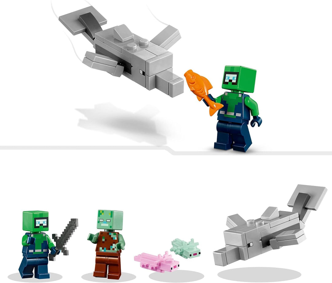 LEGO 21247 Minecraft Das Axolotl-Haus Set, baubare rosa Unterwasserbasis mit Taucherforscher, Zombie