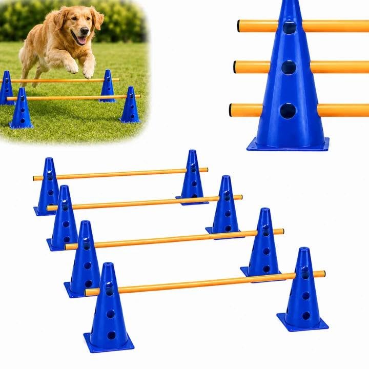 Steckhürdenset, Agility Set Hunde mit 8 Kegel(23cm) + 4 Stangen(1 m), Cavaletti Hund für Koordinatio