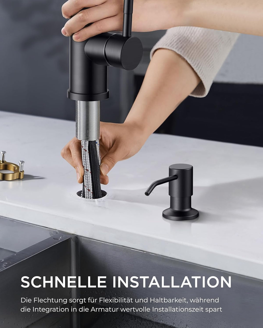 FORIOUS Küchenarmatur mit Seifenspender, ausziehbarer Wasserhahn Küche mit 2 Strahlarten, Einhebelmi