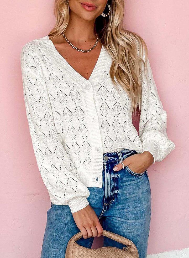 Dokotoo Damen Strickjacke V-Ausschnitt Kurzer Cardigan Elegant Langarm Leichter Strickpullover mit K