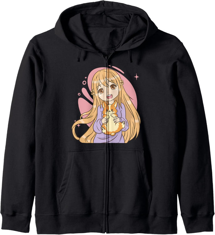 Niedliches Anime Mädchen mit Corgi-Hund Kawaii Kapuzenjacke
