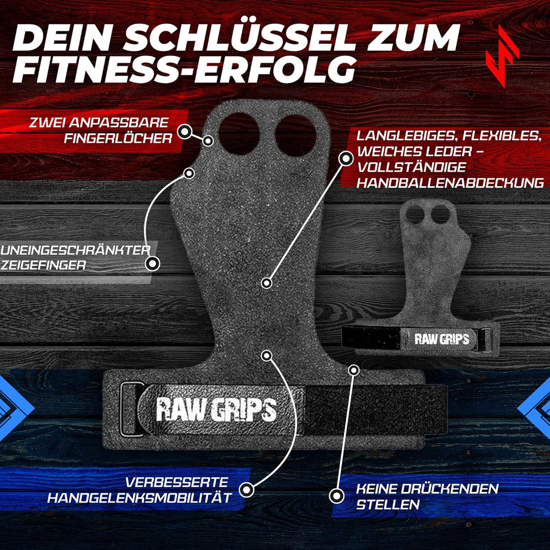 JerkFit Raw Grips 3.0, 2-Finger Gymnastikgriffe aus Leder – Schützen die Hände bei Klimmzügen, verhi
