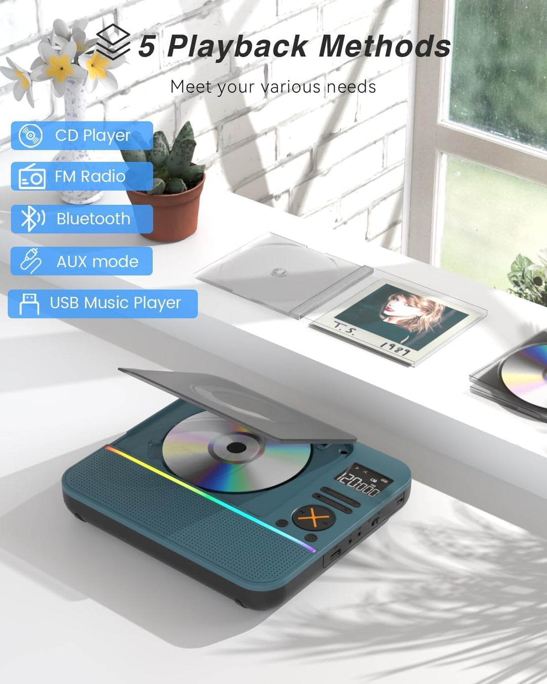 MONODEAL 2026 CD Player Tragbar mit RGB-Licht,HiFi-Stereoanlage Tragbarer CD Player Bluetooth, Wiede