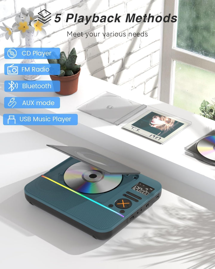 MONODEAL 2026 CD Player Tragbar mit RGB-Licht,HiFi-Stereoanlage Tragbarer CD Player Bluetooth, Wiede