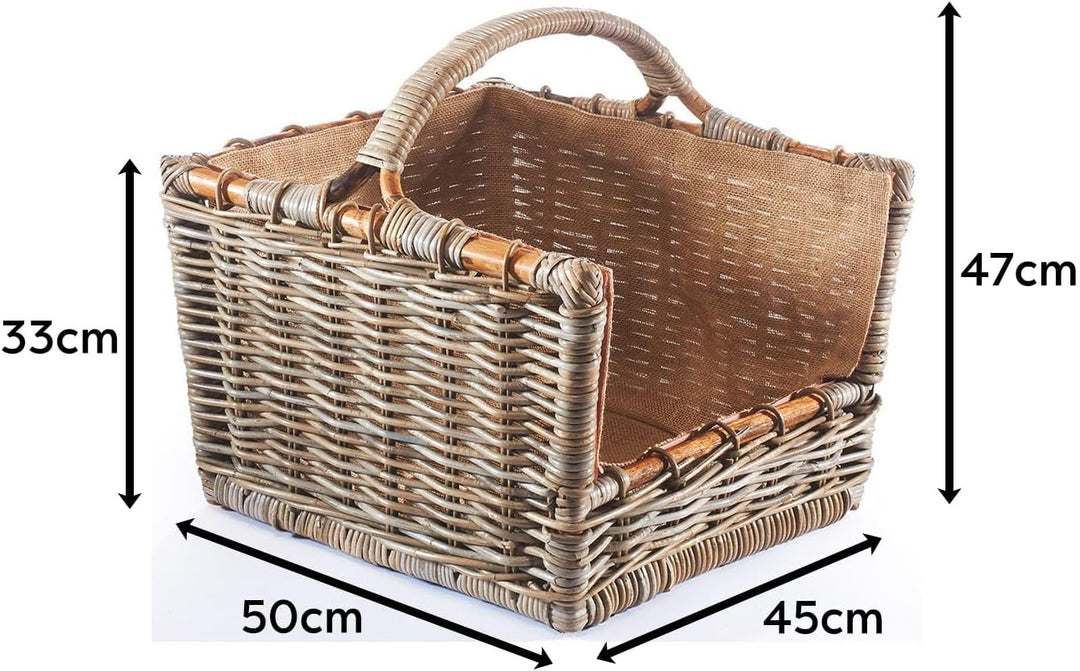 Kobolo Holztrage Holzkorb für Kaminholz - Rattan grau mit abnehmbarem Jutestoff
