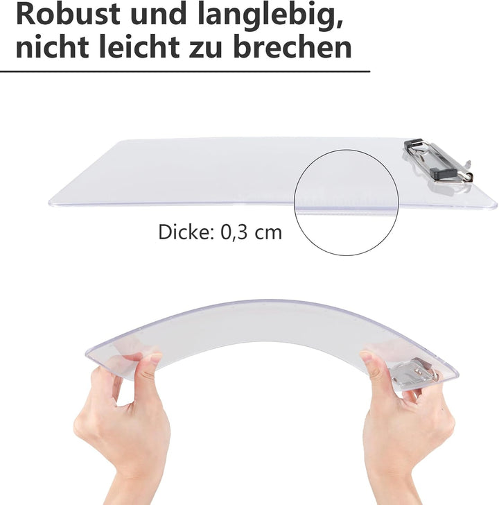 5 Stück Klemmbrett Transparent Kunststoff Klemmbretter A4 mit Metalklemme, Klemmbrettmappe Transpare