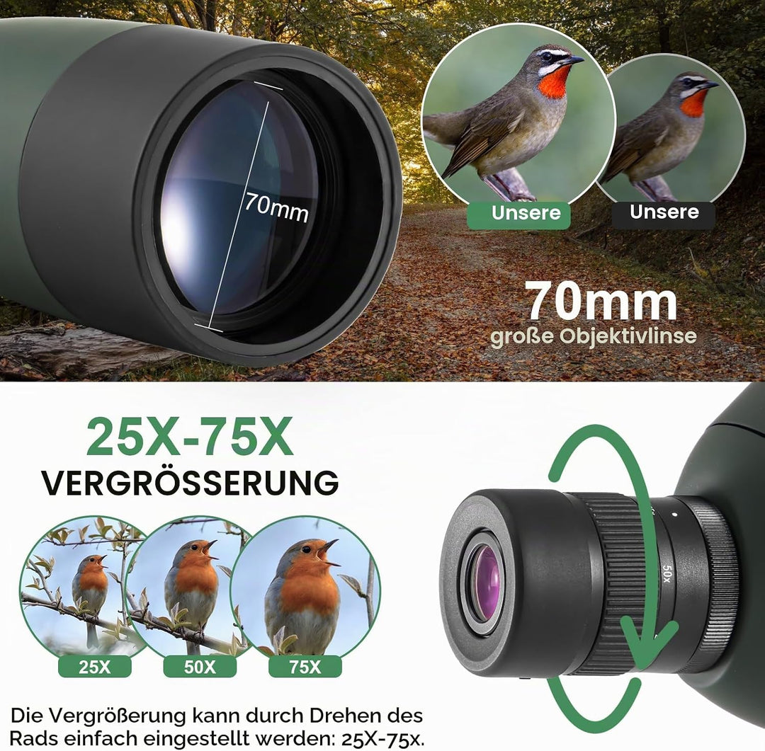 Spektiv Sportschützen 25-75x70,Spektiv mit Stativ HD IP67 Wasserdichtes BAK4 Porro Prism FMC Monokul