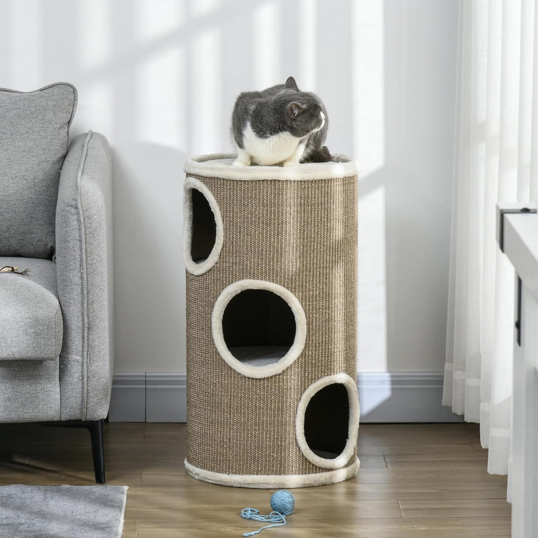 PawHut Kratztonne 70 cm Hoch Ø 38 cm dreistöckige Katzentonne mit Plüschrand, Katzenhöhle, Kratzbaum