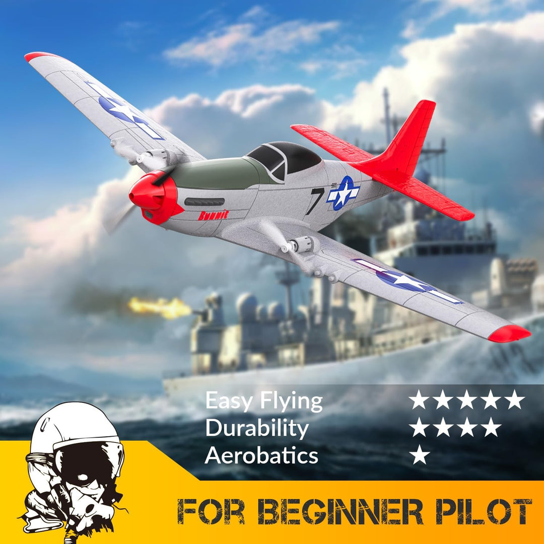 volantexrc RC Flugzeug P51D Mustang, 2CH 2,4GHz ferngesteuertes Flugzeug mit 2 Batterien und 6-Achse