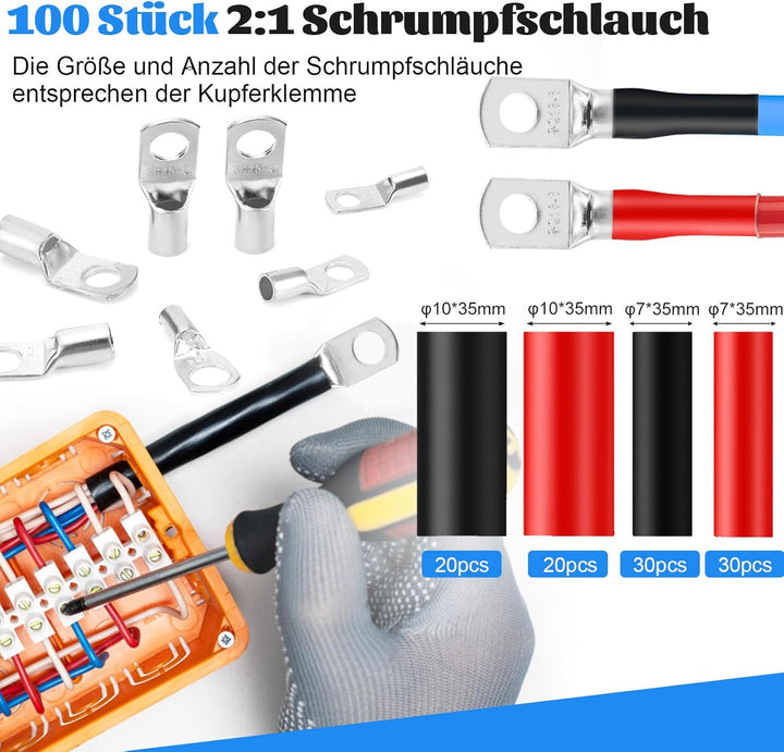 Crimpzange Kabelschuhe AWG Draht Crimper mit 100 Stück Schrumpfschlauch und 60 Kupferanschlüsse, bat
