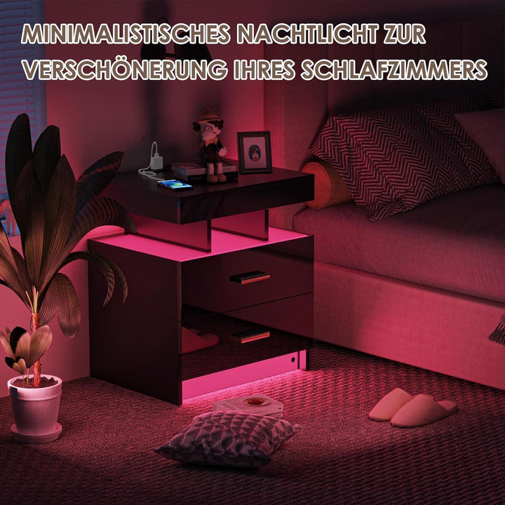 PIPIPOXER Nachttisch Schwarz 2er Set, Nachttisch mit LED, Nachtschrank mit Steckdose und Ladefunktio