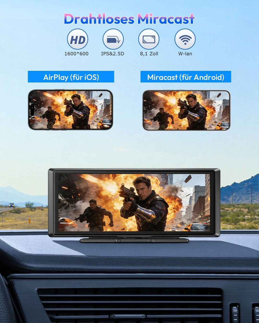 ESSGOO Carplay Android Auto Display mit Rückfahrkamera,8 Zoll Carplay Bildschirm für Apple/Android A