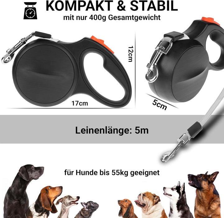 Hundeleine grosse Hunde und mittelgrosse bis 55 KG, Hundeleine 5m, Leine Hund ausziehbar und neuarti