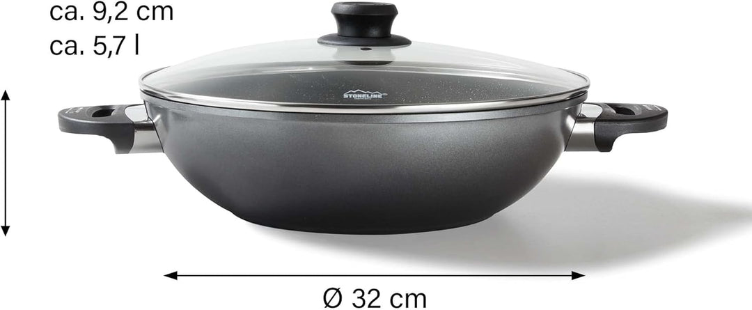 Stoneline Wok 32 cm, mit Deckel, Aluguss, Wok Pfanne beschichtet mit echten Steinpartikeln, grau, oh
