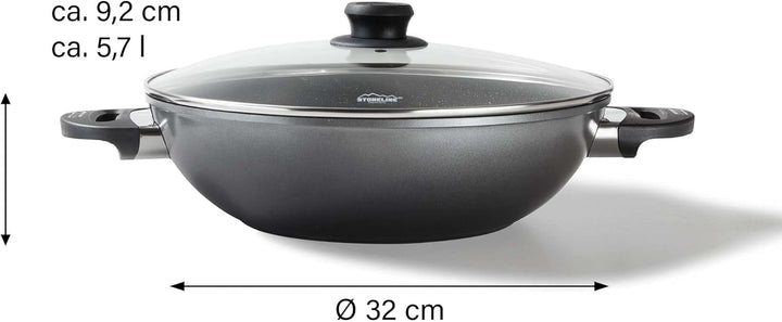 Stoneline Wok 32 cm, mit Deckel, Aluguss, Wok Pfanne beschichtet mit echten Steinpartikeln, grau, oh