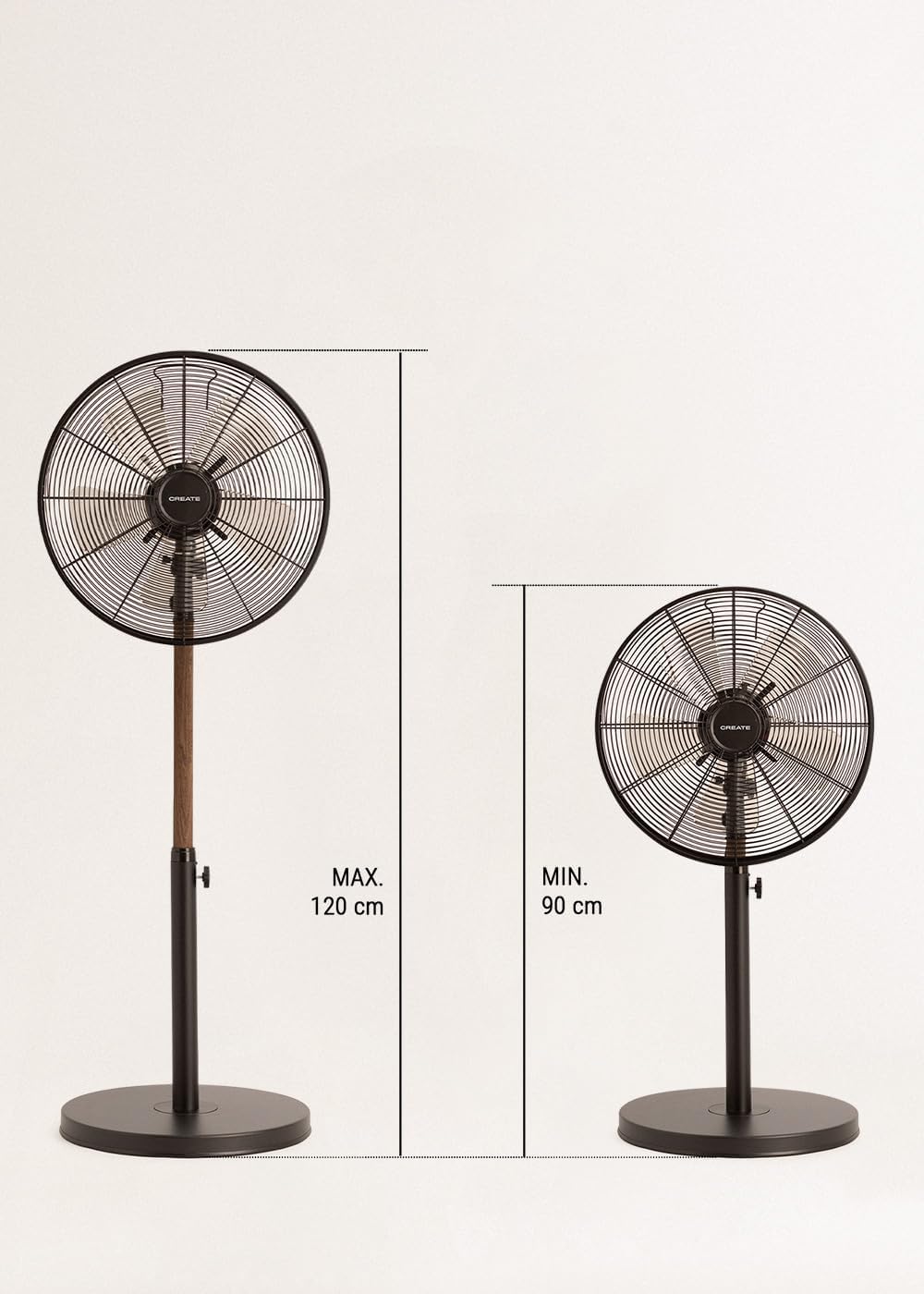 CREATE | AIR STAND WOOD/Standventilator mit Oszillation/schwarz und dunkle Holz/Retro-Stil, 3 Geschw