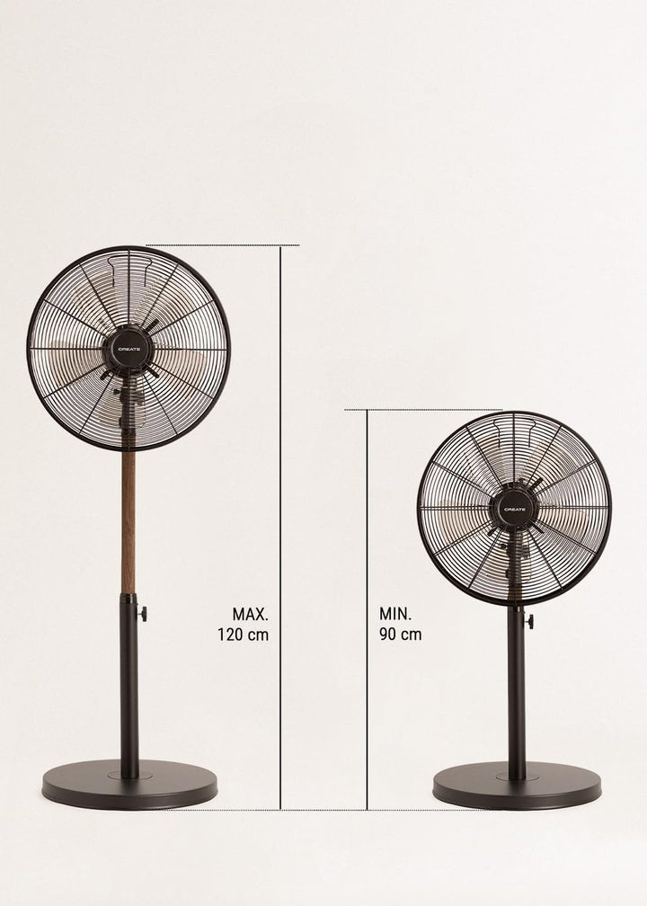 CREATE | AIR STAND WOOD/Standventilator mit Oszillation/schwarz und dunkle Holz/Retro-Stil, 3 Geschw