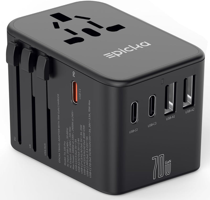 EPICKA Reiseadapter Weltweit, GaN Universal Reisestecker 70W PD Schnellladegerät, Travel Adapter mit