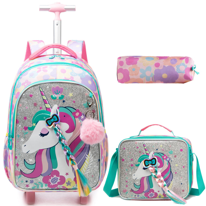 HTgroce Trolley Rucksack Mit Rollen, Federmäppchen, Lunch Tasche 3 in 1 Leicht Rolling Schulranzen f