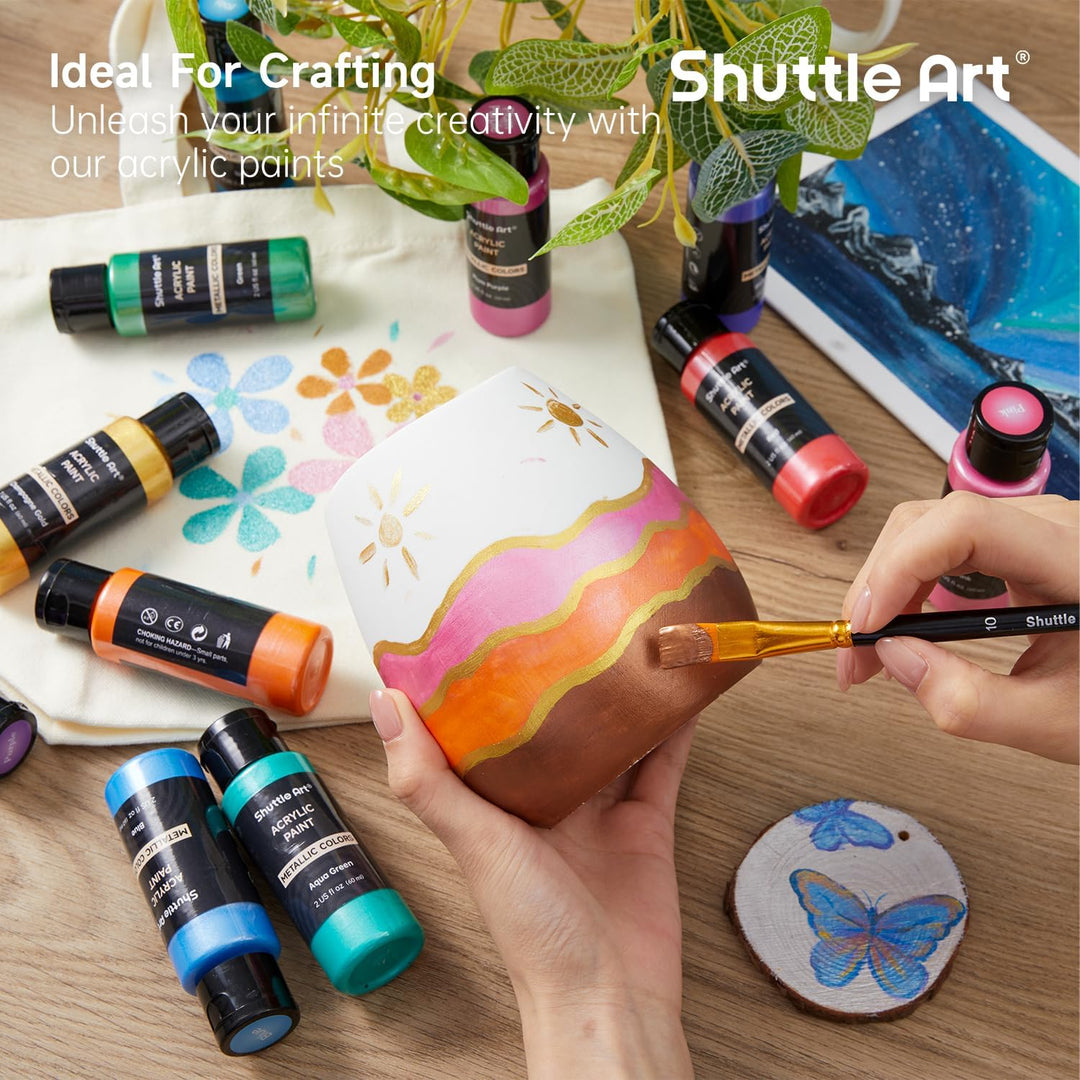 Shuttle Art Metallic Acrylfarben Set, 20 bunte Metallic Acryl Farben in Flaschen (60 ml), 3 Pinselse
