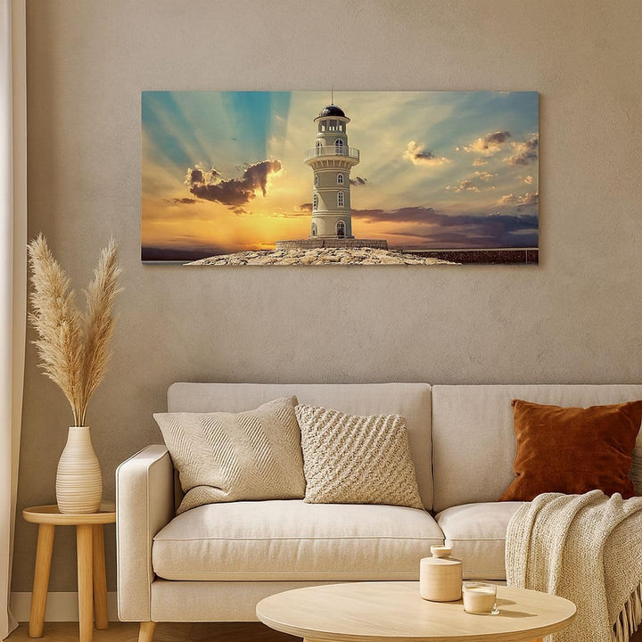 Wandbilder Dekoration Wohnzimmer Leuchtturm Wasser Meer Steine Panorama Bilder auf Leinwand 120x50cm