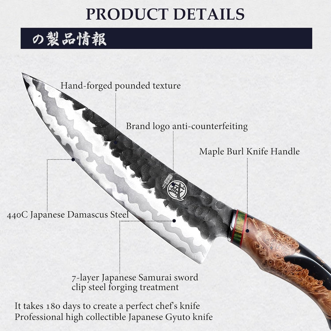 MITSUMOTO SAKARI 20 cm Handgeschmiedetes Küchenmesser Profi, 440C Damast Japanisches Messer, Advance