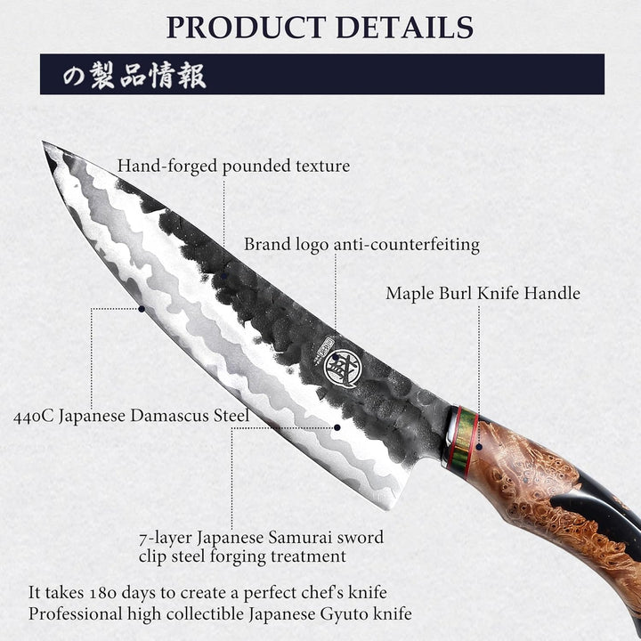 MITSUMOTO SAKARI 20 cm Handgeschmiedetes Küchenmesser Profi, 440C Damast Japanisches Messer, Advance