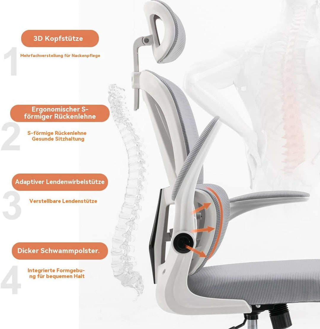 Ergonomischer Bürostuhl - Grau | Höhenverstellbarer Schreibtischstuhl mit Hochrücken,Mesh und Lenden