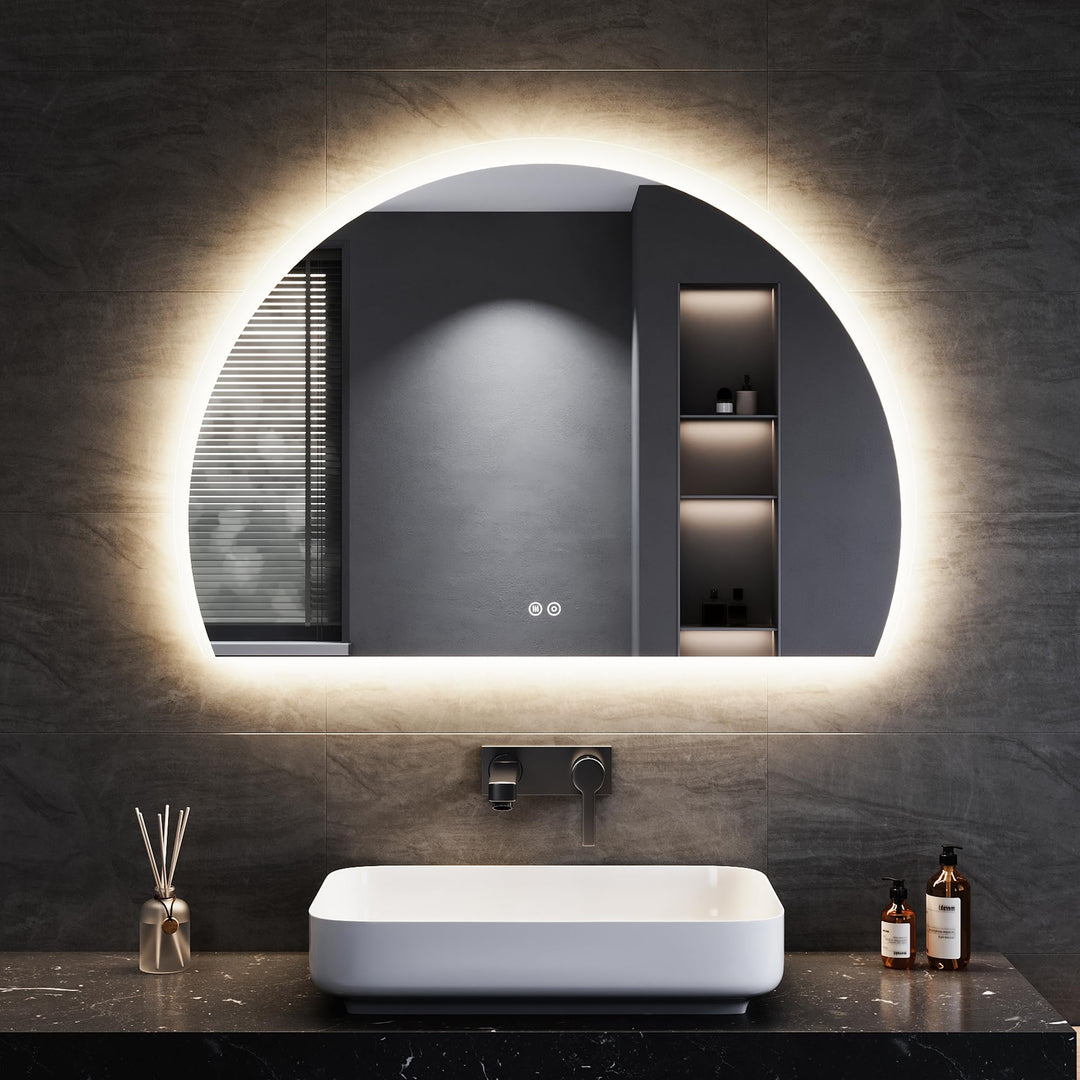 SONNI Badspiegel mit Beleuchtung Halbrund 100x70 cm, LED Spiegel mit Touch-Schalter und Dimmbar, Bes