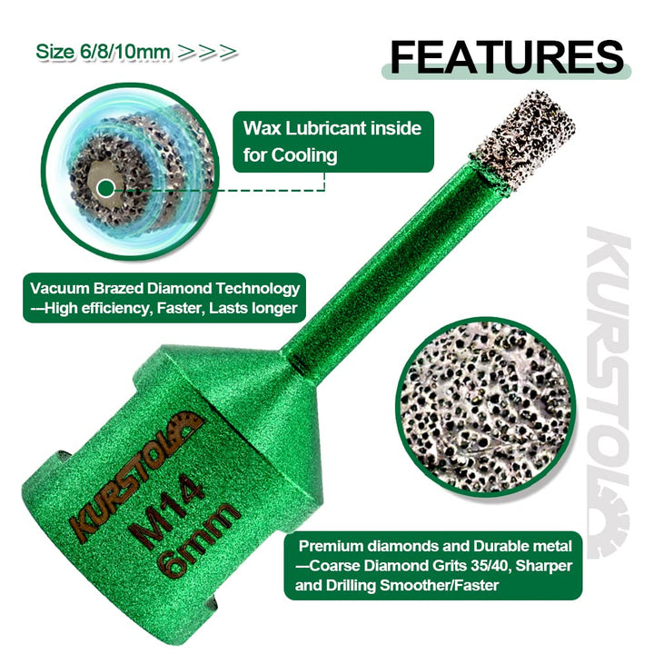 KURSTOL Diamant-Bohrkrone Kit - Diamantbohrer Dreikant Schaft 6/8/10mm+Adapter von Sechskantschaft a