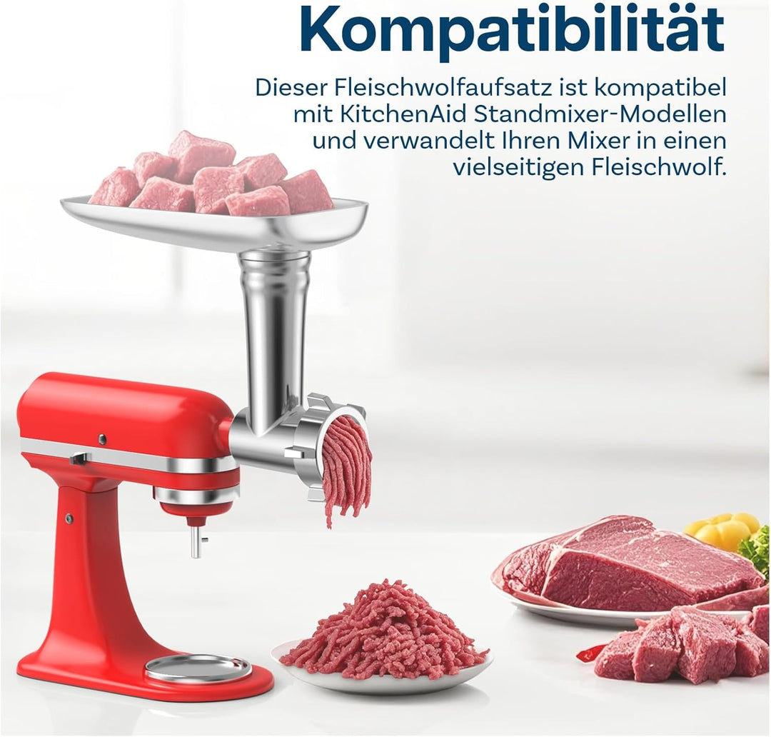 Fleischwolf Aufsatz für KitchenAid Standmixer - Fleischwolf Zubehör mit 4 Mahlscheibe, 2 Wurstfüllhö