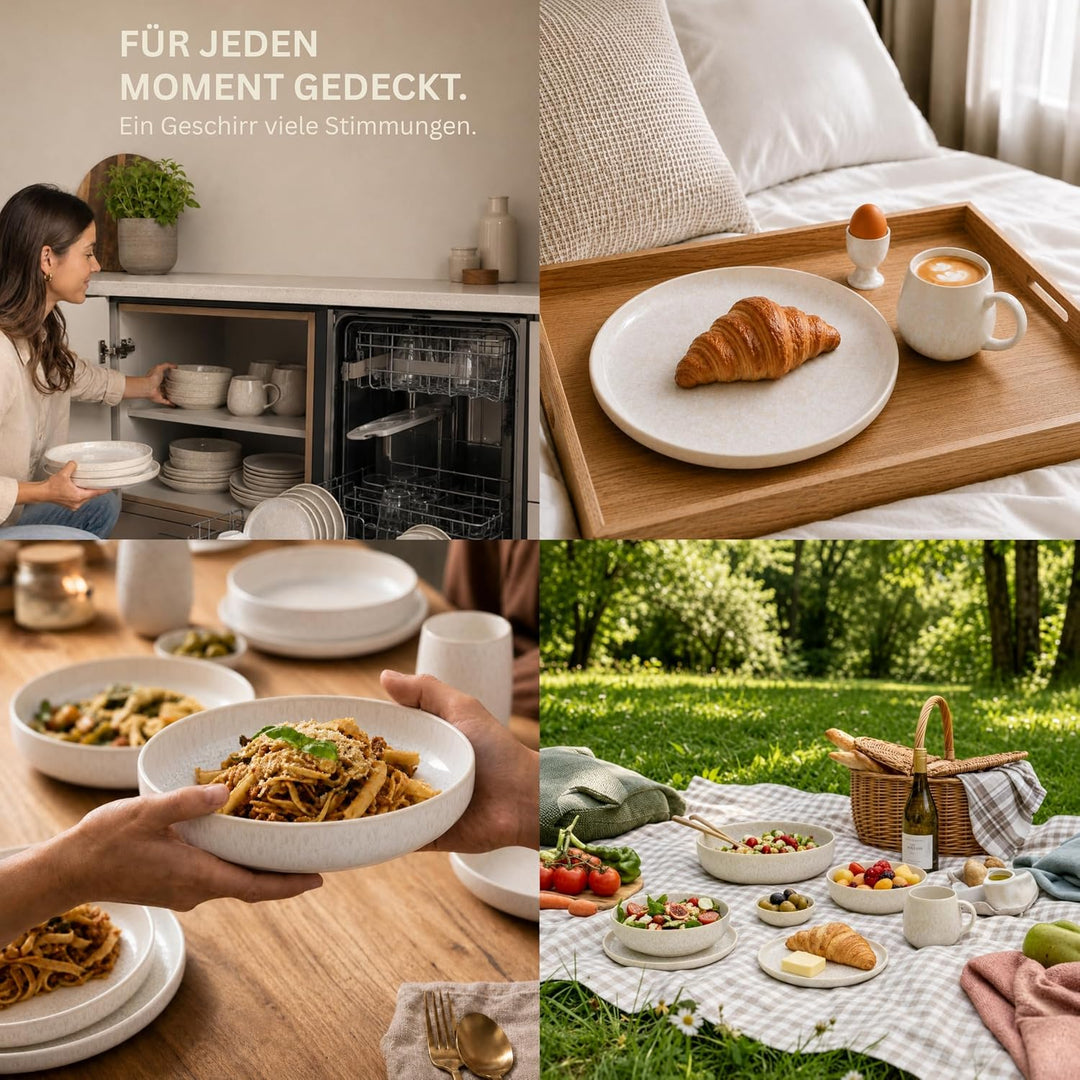 SÄNGER Korfu Servierplatten Set 11tlg Steingut in Creme Beige mit Maserung | Elegantes Anrichteplatt